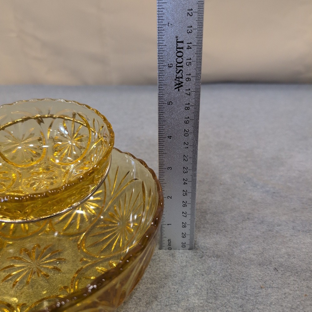 Anchor Hocking Medallion Honey Gold Chip and Dip Set Amber Glass Starburst 1960s - Picture 5 of 5